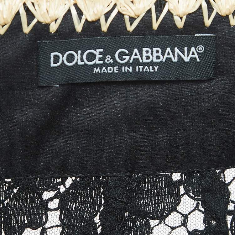 Pre Owned Dolce & Gabbana Black Floral Lace Raffia Trimmed Midi Skirt M