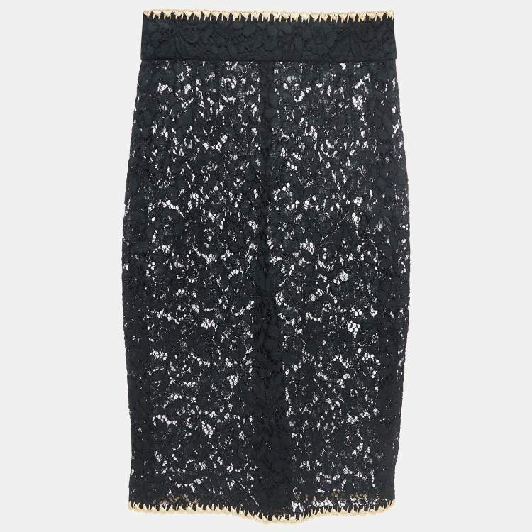 Pre Owned Dolce & Gabbana Black Floral Lace Raffia Trimmed Midi Skirt M