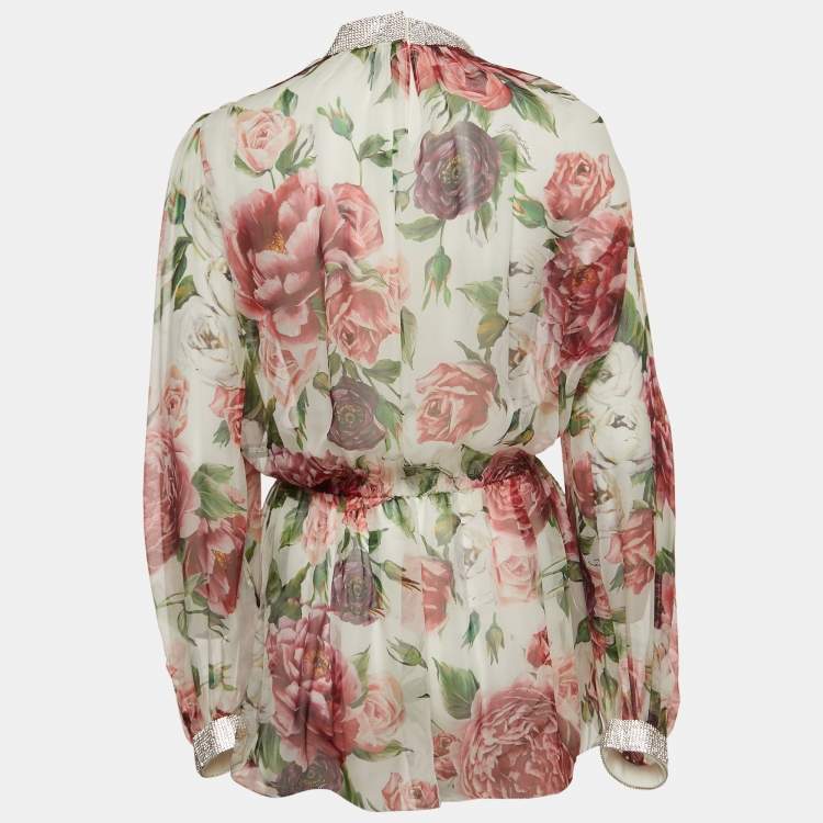 Pre Owned Dolce & Gabbana White Floral Printed Silk Jeweled Blouse L