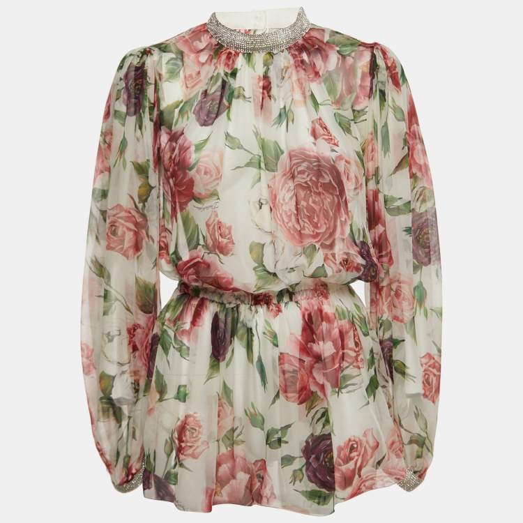 Pre Owned Dolce & Gabbana White Floral Printed Silk Jeweled Blouse L