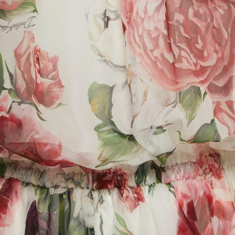 Pre Owned Dolce & Gabbana White Floral Printed Silk Jeweled Blouse L