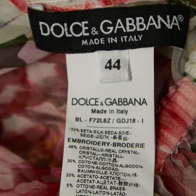 Pre Owned Dolce & Gabbana White Floral Printed Silk Jeweled Blouse L