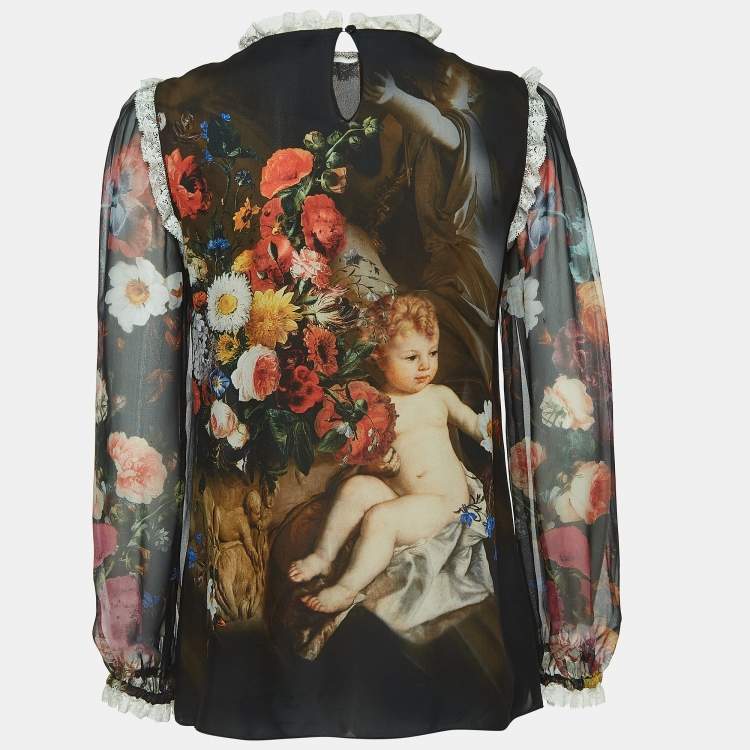 Pre Owned Dolce & Gabbana Black Cherub Printed Silk Blouse S