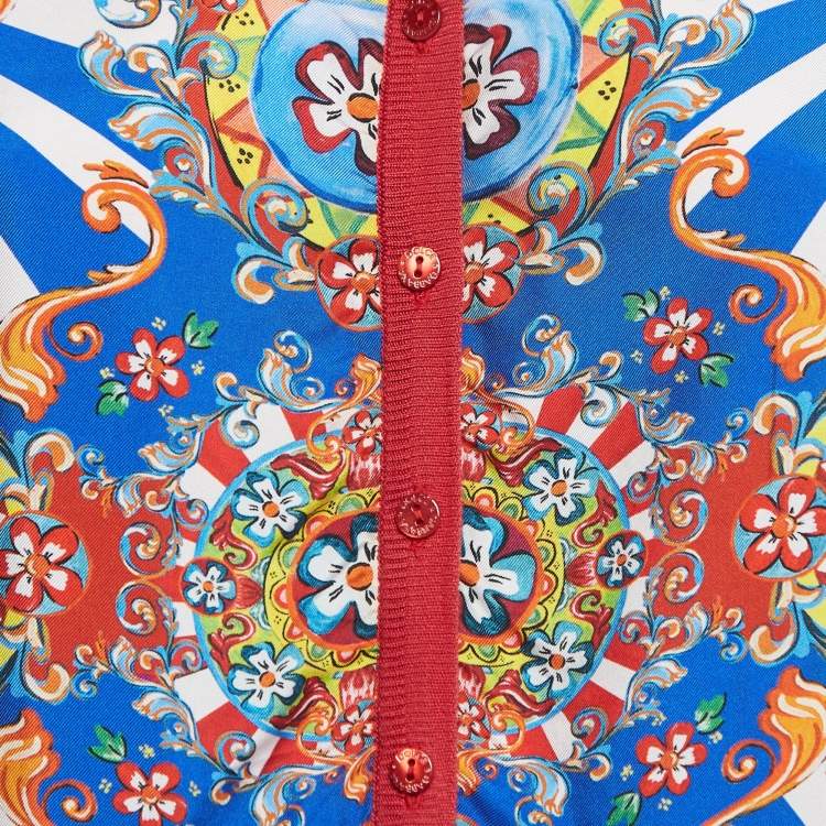Pre Owned Dolce & Gabbana Red Carretto Print Silk Knit Button Front Cardigan M