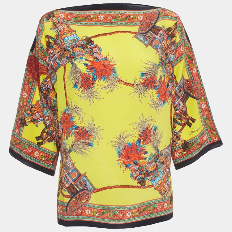Pre Owned Dolce & Gabbana Multicolor Print Silk Boat Neck Top S