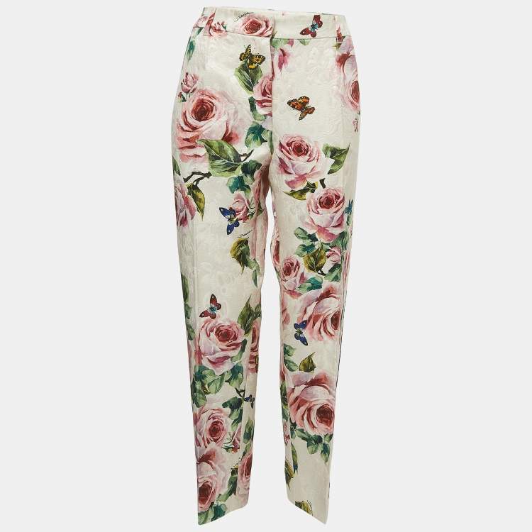 Pre Owned Dolce & Gabbana Pink Floral Printed Jacquard Logo Tape Detail Trousers 2XL