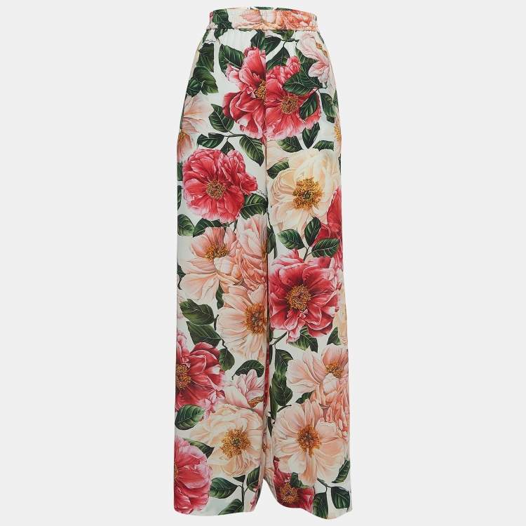Pre Owned Dolce & Gabbana Pink Floral Printed Silk Wide Leg Pants XL