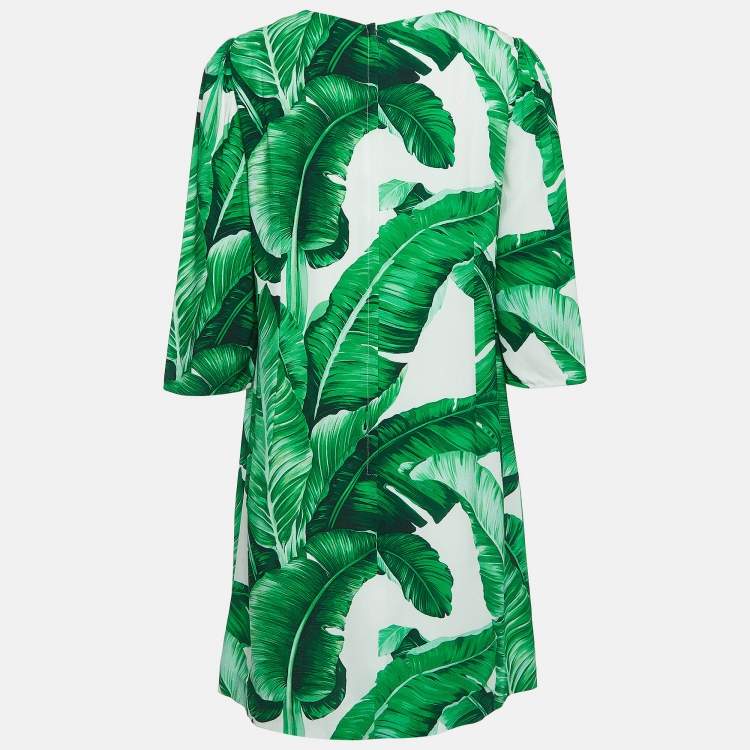 Pre Owned Dolce & Gabbana Green Leaf Printed Crepe Mini Dress L