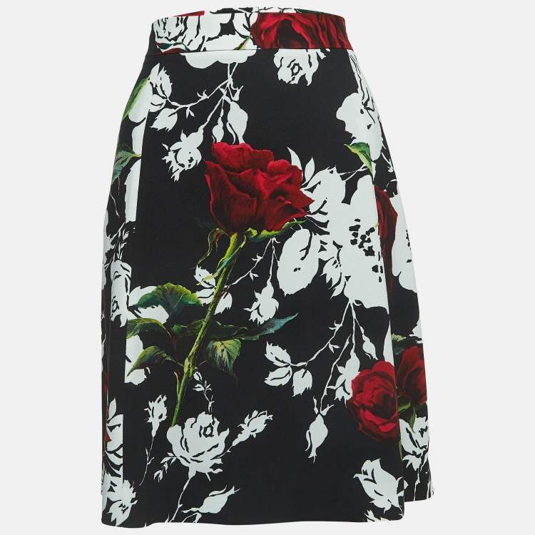 Pre Owned Dolce & Gabbana Black Floral Print Crepe A-Line Skirt L