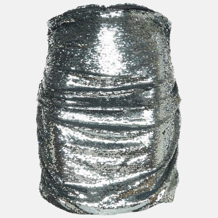 Pre Owned Dolce & Gabbana Silver Sequined Draped Mini Skirt L