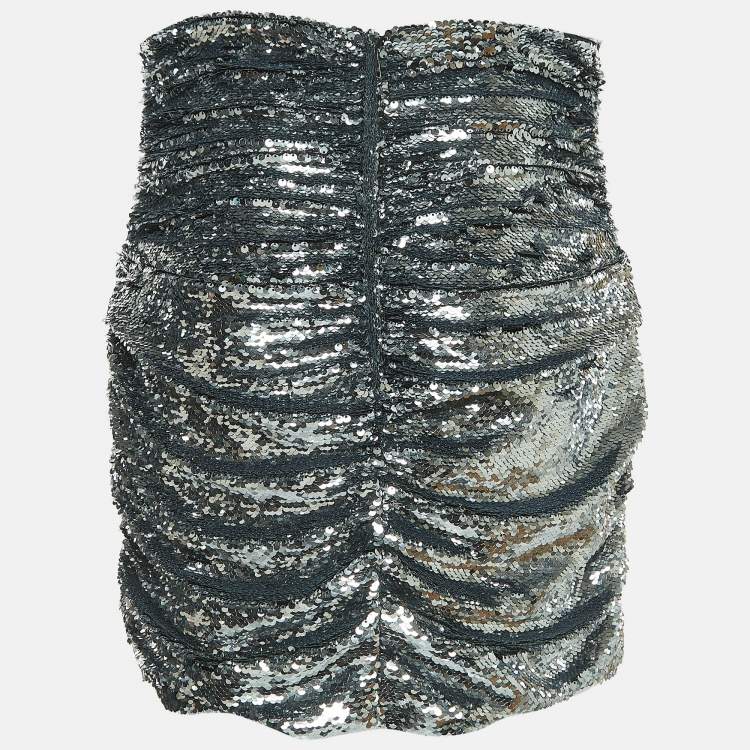 Pre Owned Dolce & Gabbana Silver Sequined Draped Mini Skirt L