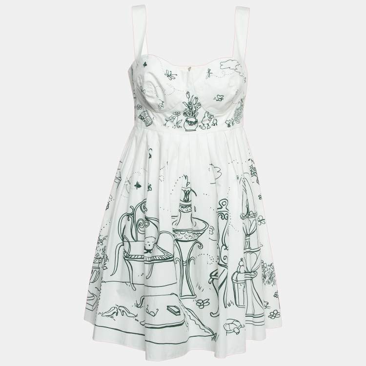 مملوكة مسبقًا Dolce & Gabbana White/Green Printed Cotton Mini Dress L