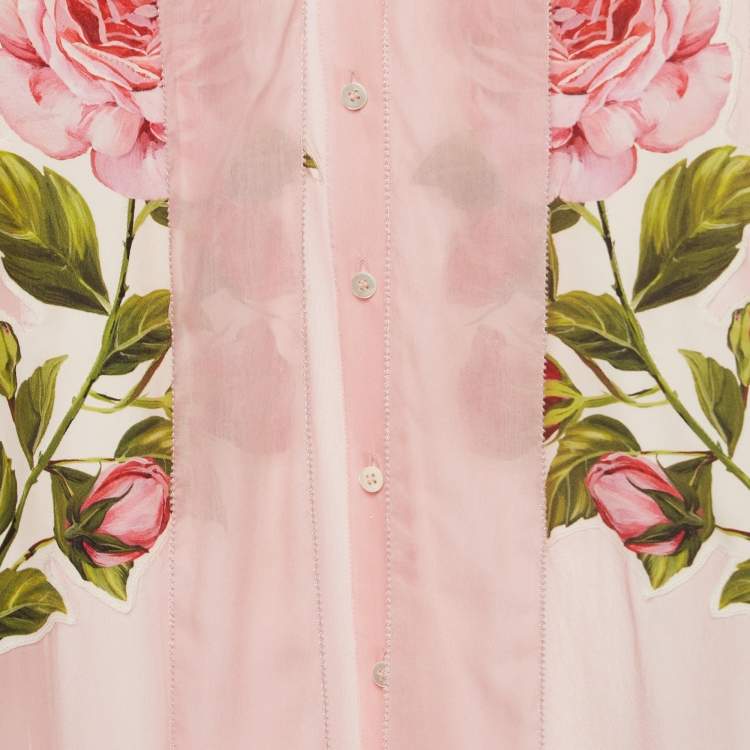 Pre Owned Dolce & Gabbana Pink Silk Floral Appliqued Sheer Blouse M