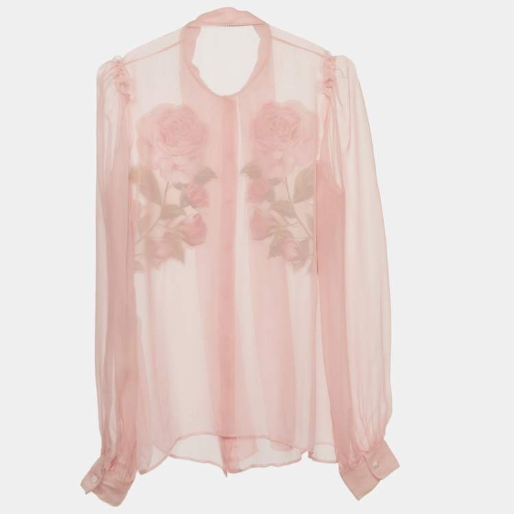 Pre Owned Dolce & Gabbana Pink Silk Floral Appliqued Sheer Blouse M