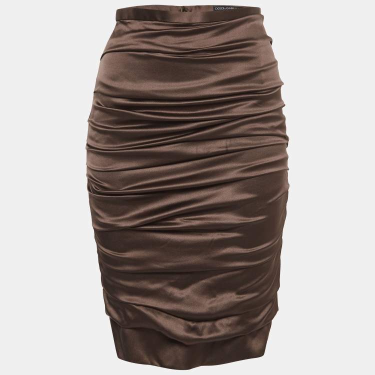 Pre Owned Dolce & Gabbana Brown Silk Satin Ruched Midi Skirt M