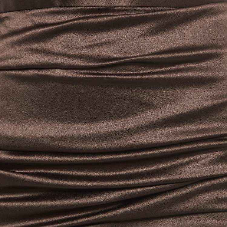 Pre Owned Dolce & Gabbana Brown Silk Satin Ruched Midi Skirt M