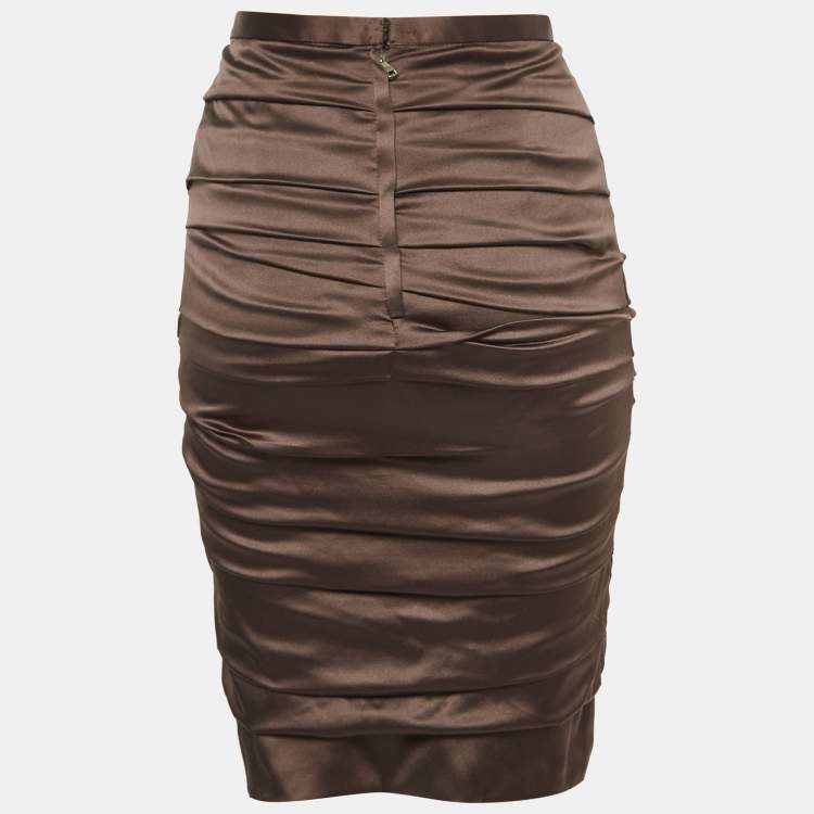 Pre Owned Dolce & Gabbana Brown Silk Satin Ruched Midi Skirt M
