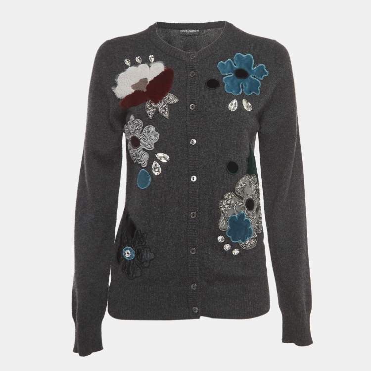 Pre Owned Dolce & Gabbana Grey Floral Applique Cashmere Cardigan M