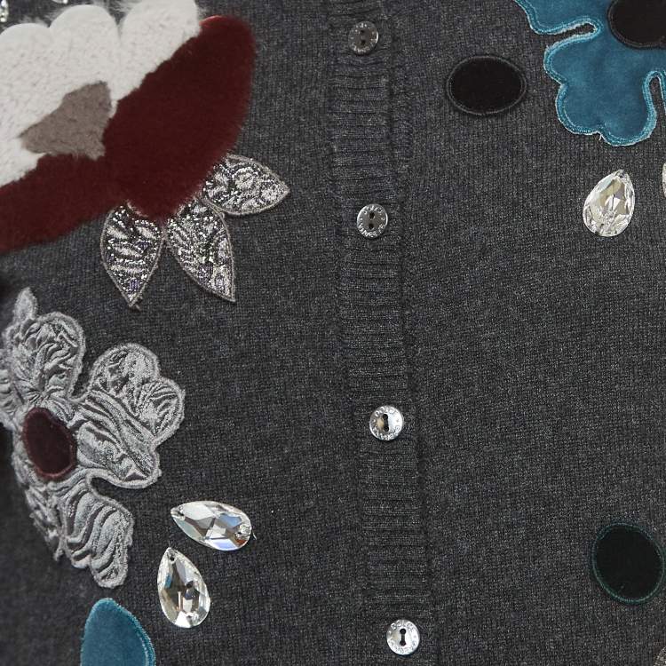 Pre Owned Dolce & Gabbana Grey Floral Applique Cashmere Cardigan M