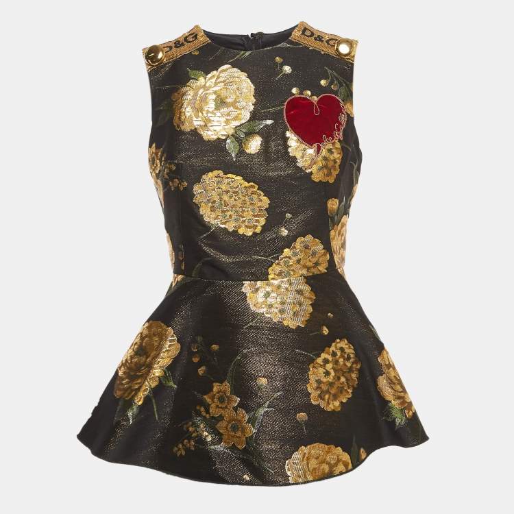 Pre Owned Dolce & Gabbana Black/Metallic Floral Jacquard Peplum Top S
