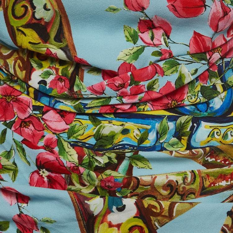 Pre Owned Dolce & Gabbana Blue Floral Print Crepe Ruched Dress M