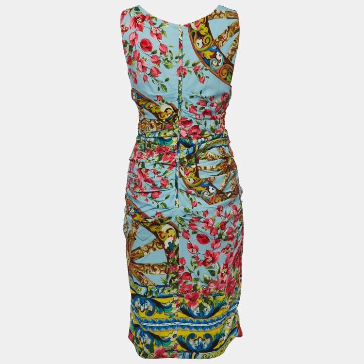 Pre Owned Dolce & Gabbana Blue Floral Print Crepe Ruched Dress M