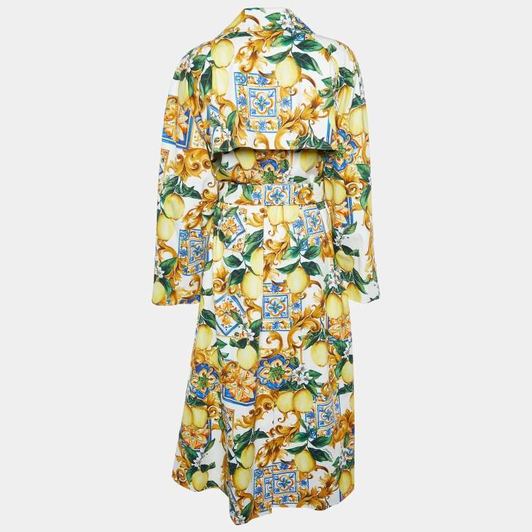 Pre Owned Dolce & Gabbana Yellow/White Limoni Print Cotton Double Breasted Coat M