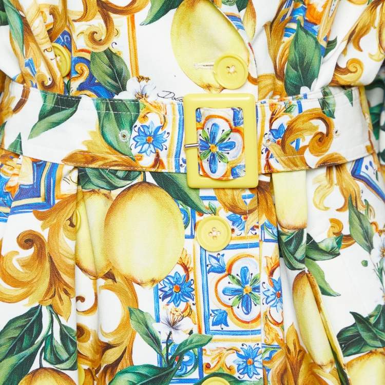 Pre Owned Dolce & Gabbana Yellow/White Limoni Print Cotton Double Breasted Coat M