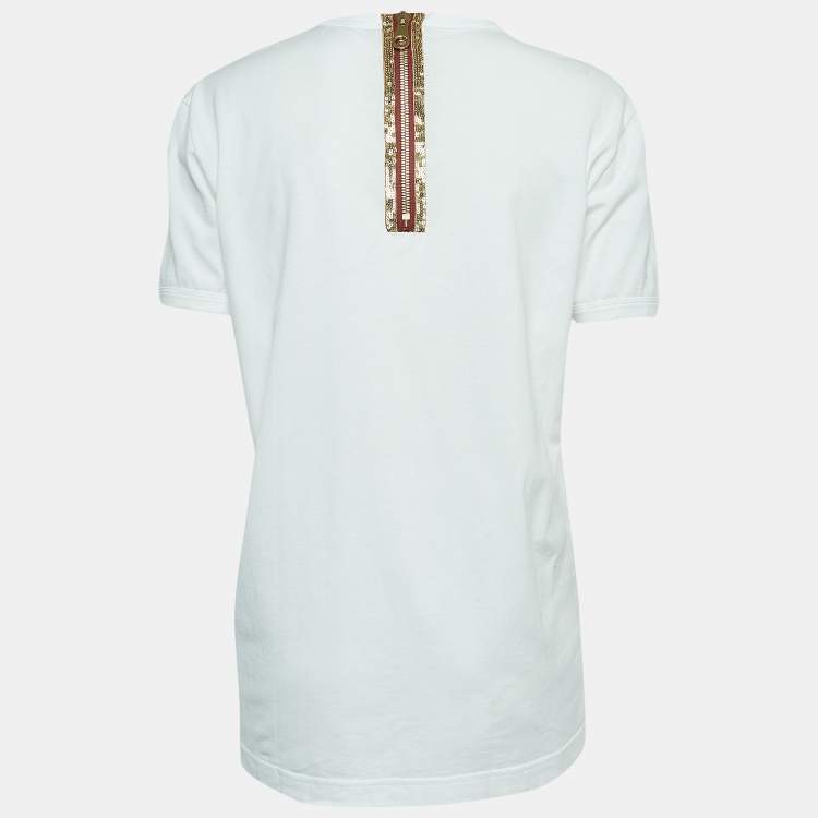 Pre Owned Dolce & Gabbana White Print Cotton Zip Detail Half Sleeve T-Shirt M
