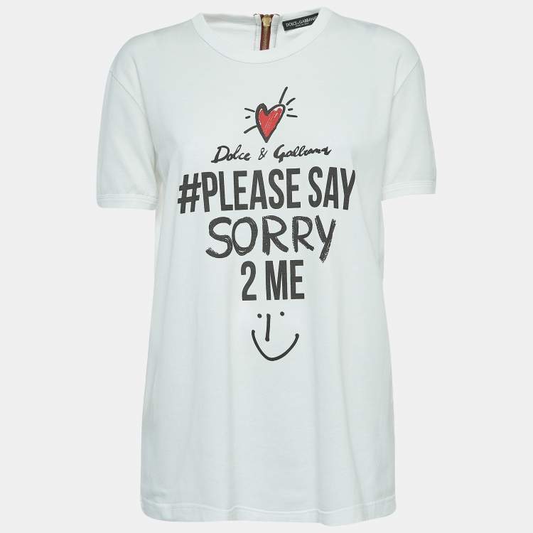 Pre Owned Dolce & Gabbana White Print Cotton Zip Detail Half Sleeve T-Shirt M