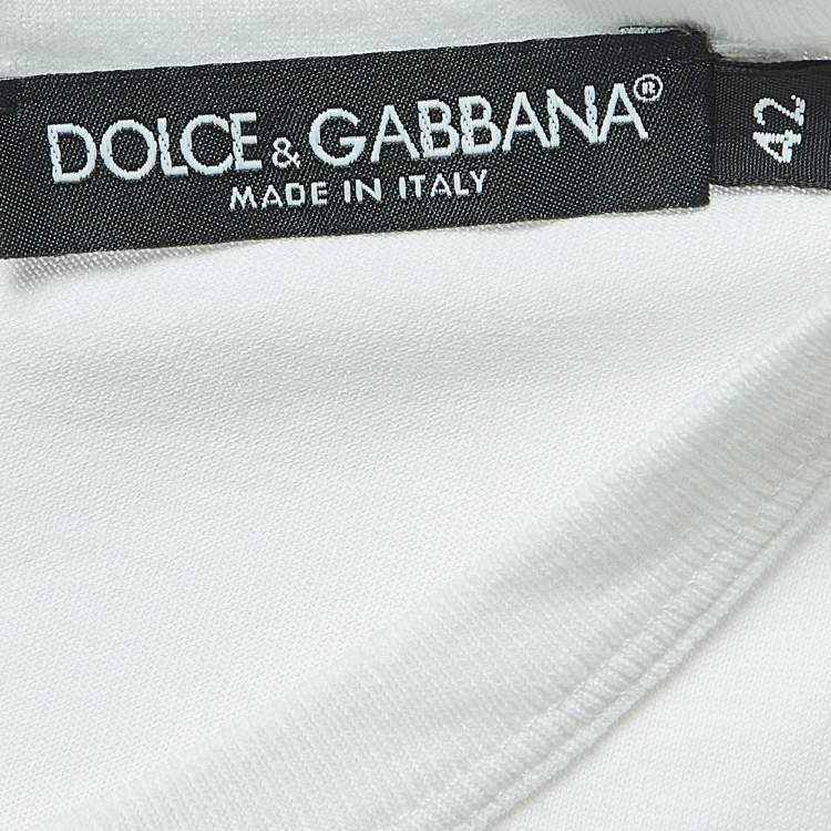 Pre Owned Dolce & Gabbana White Print Cotton Zip Detail Half Sleeve T-Shirt M