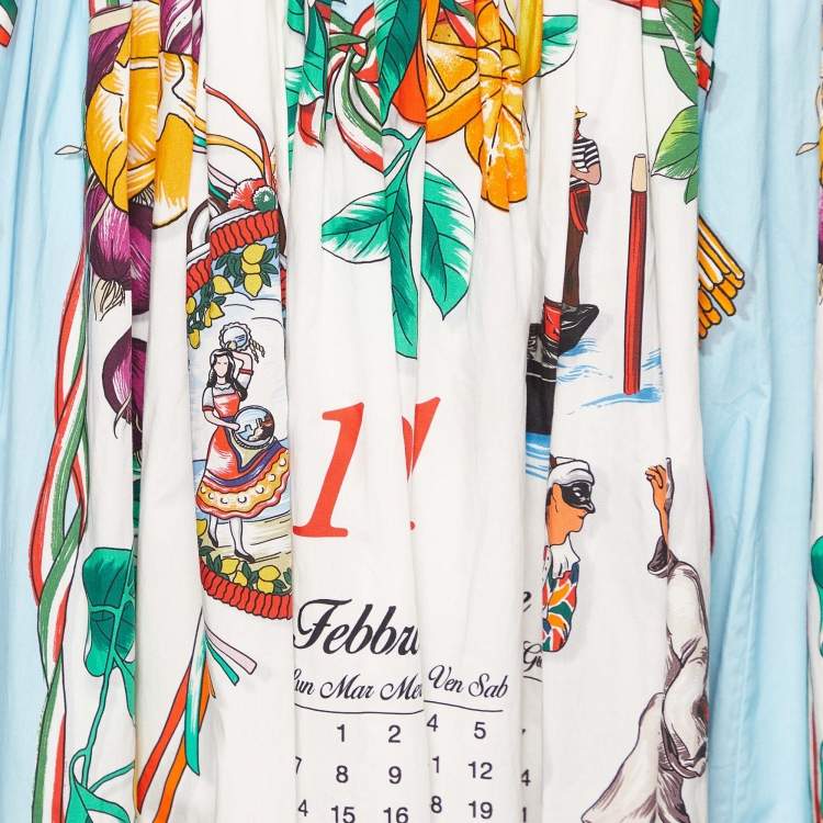 Pre Owned Dolce & Gabbana White Calendar Print Cotton Gathered Maxi Skirt M