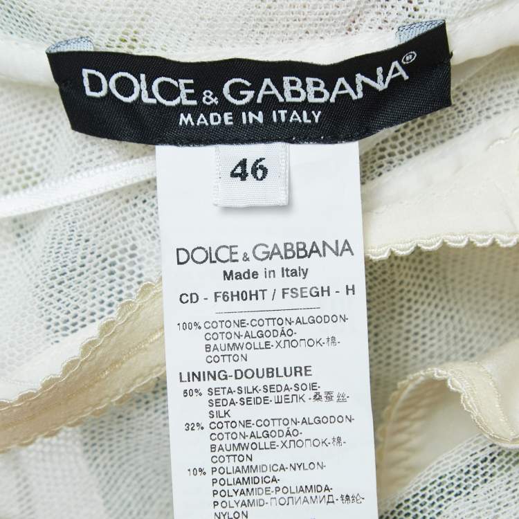 Pre Owned Dolce & Gabbana White Floral Printed Tulle Ruched Midi Dress L
