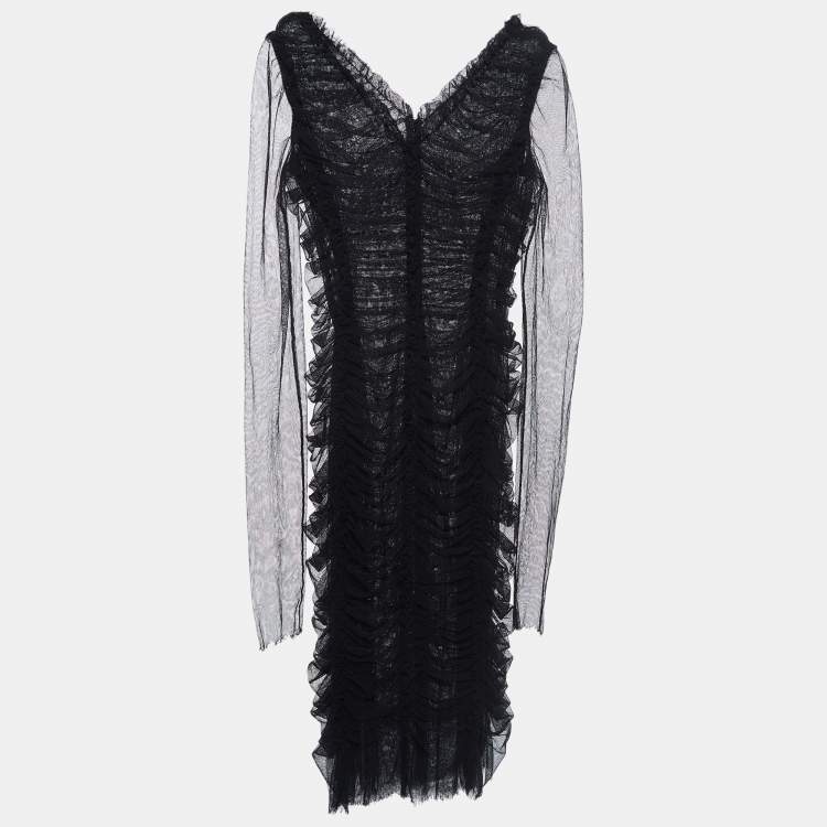Pre Owned Dolce & Gabbana Black Tulle Ruched Midi Dress L
