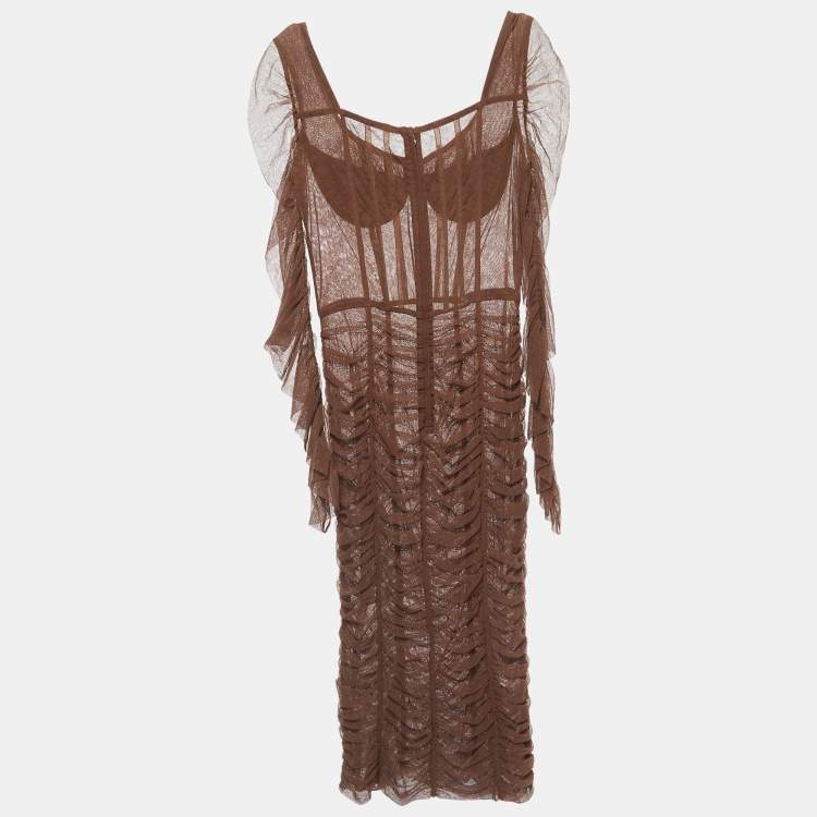 Pre Owned Dolce & Gabbana Brown Tulle Ruched Long Dress L 