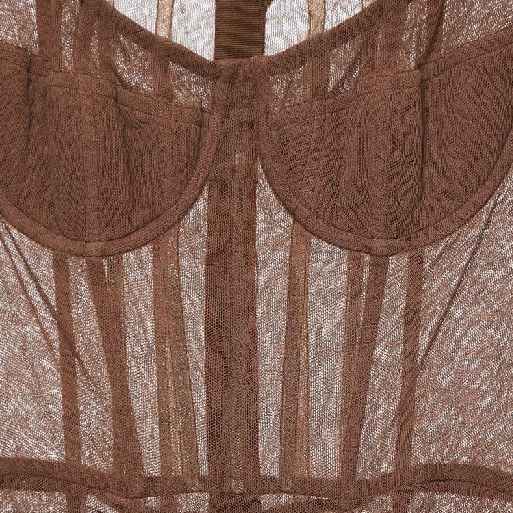 Pre Owned Dolce & Gabbana Brown Tulle Ruched Long Dress L 