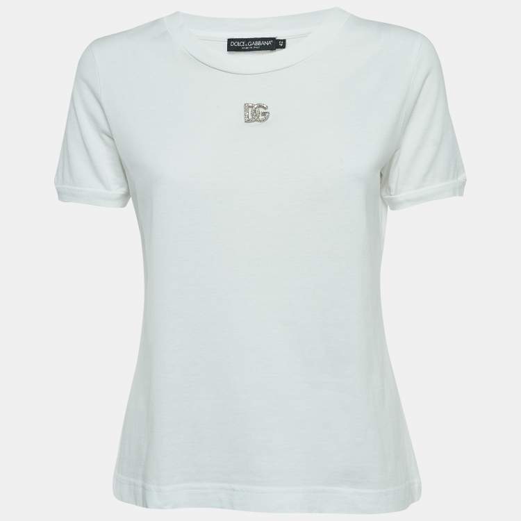 Pre Owned Dolce & Gabbana White Cotton Crystal Embellished Logo T-Shirt M
