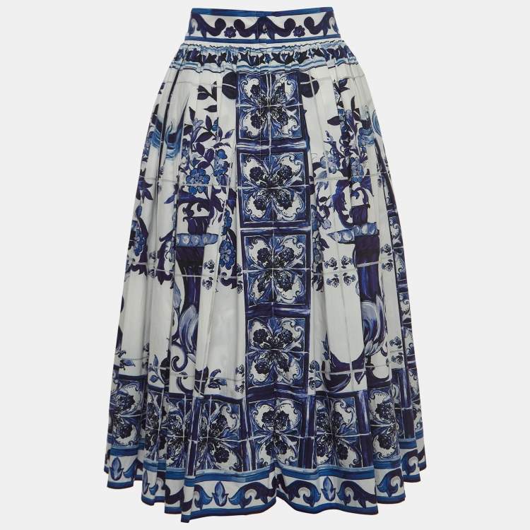 Pre Owned Dolce & Gabbana White/Blue Majolica Print Cotton Poplin Midi Skirt M