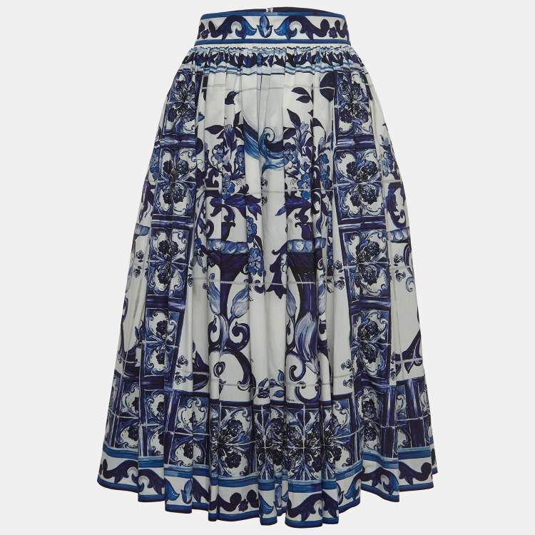 Pre Owned Dolce & Gabbana White/Blue Majolica Print Cotton Poplin Midi Skirt M