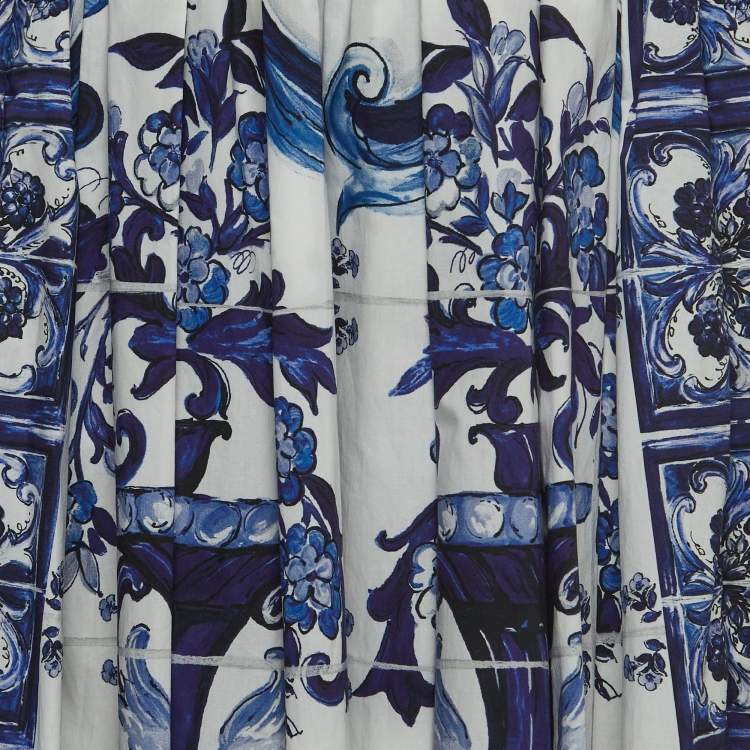 Pre Owned Dolce & Gabbana White/Blue Majolica Print Cotton Poplin Midi Skirt M