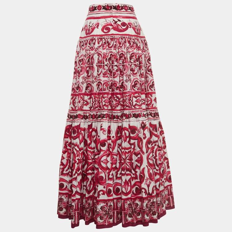 Pre Owned Dolce & Gabbana White/Pink Majolica Print Cotton Poplin Maxi Skirt M