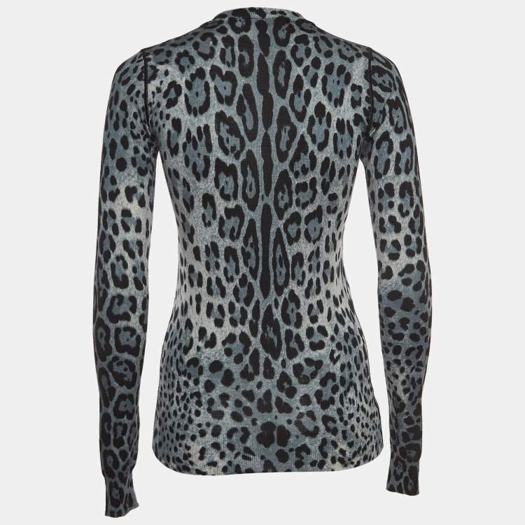 Pre Owned Dolce & Gabbana Blue Leopard Print Cashmere V-Neck Sweater S