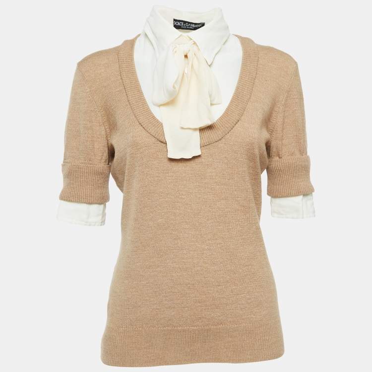 Pre Owned Dolce & Gabbana Beige Silk and Wool Knit Layered Top L