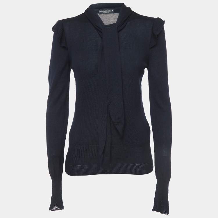 Pre Owned Dolce & Gabbana Navy Blue Cashmere and Silk Knit Neck Tie Top M