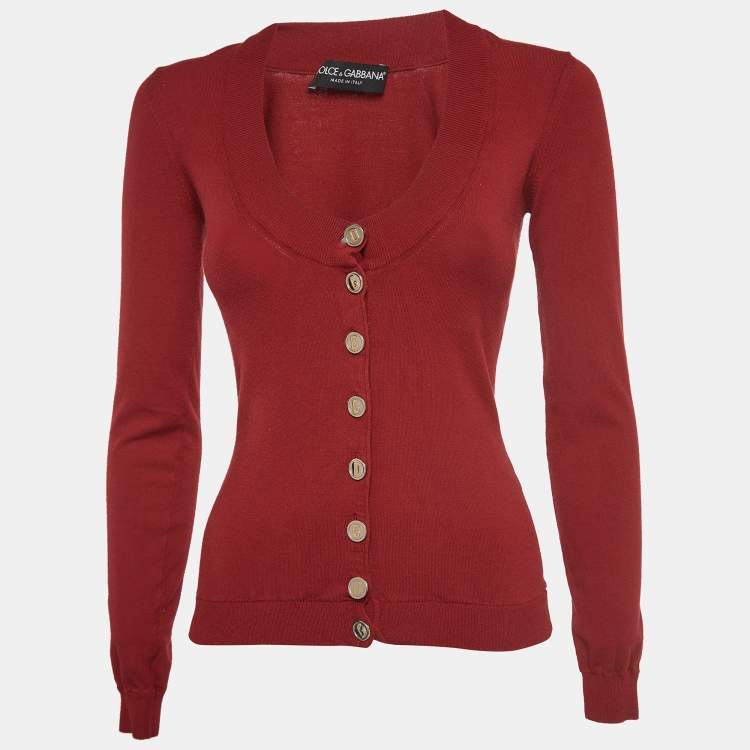 Pre Owned Dolce & Gabbana Red Knit DG Detail Buttoned Cardigan M