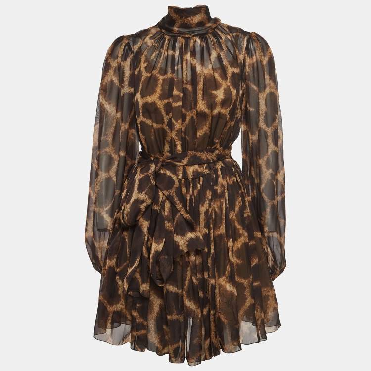 Pre Owned Dolce & Gabbana Brown Animal Print Silk Tie-Up Detail Mini Dress M