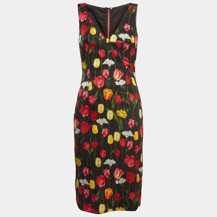 مملوكة مسبقًا Dolce & Gabbana Black Tulips Print Satin Silk Sleeveless Midi Dress M