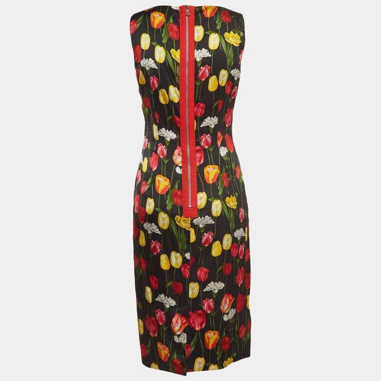 مملوكة مسبقًا Dolce & Gabbana Black Tulips Print Satin Silk Sleeveless Midi Dress M
