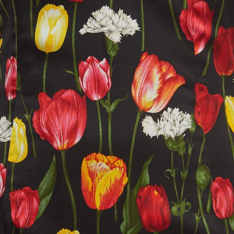 مملوكة مسبقًا Dolce & Gabbana Black Tulips Print Satin Silk Sleeveless Midi Dress M