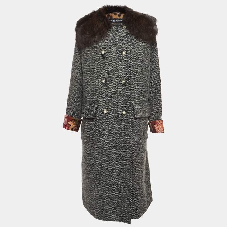 Pre Owned Dolce & Gabbana Grey Wool Blend and Fur Double Breasted Long Coat M